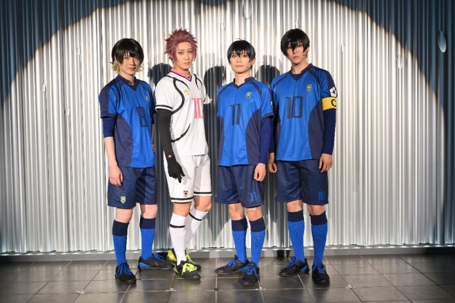 (From left) Nobunaga Sato, Hiroki Ino, Ryohei Takenaka, and Ryono Kusachi attend the press event following the final rehearsal for Blue Lock 4th STAGE
